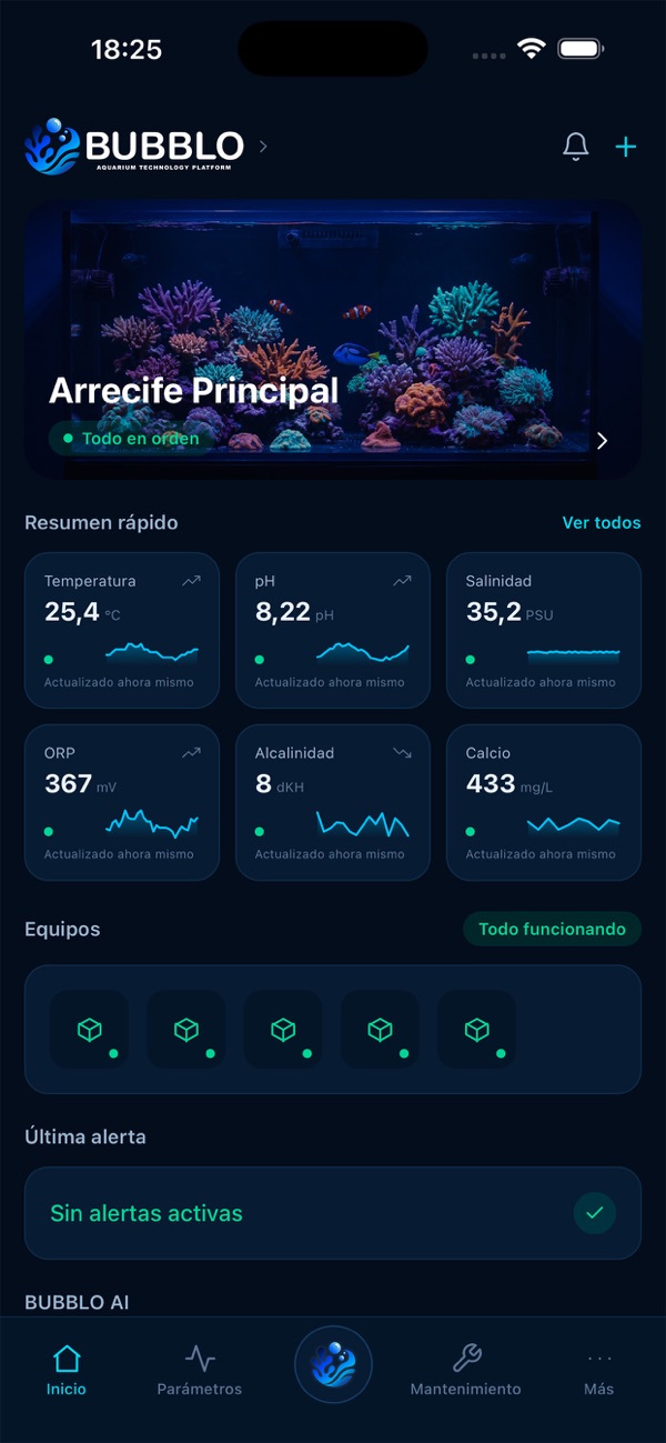 Pantallas de la app BUBBLO: panel del acuario y parámetros